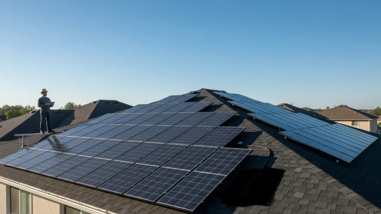 Hustag med solpaneler i morgensol, husejer med tablet ved taget