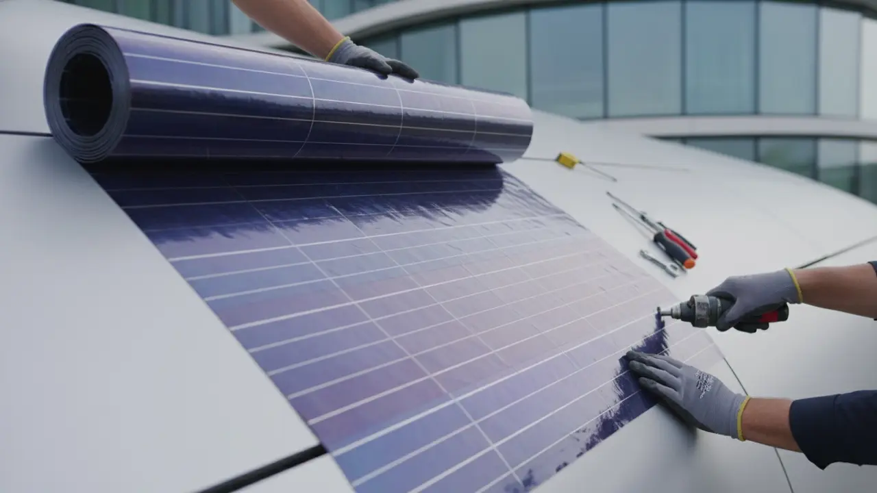 Nærbillede af fleksibel tyndfilmssolcelle rullet ud på buet tag