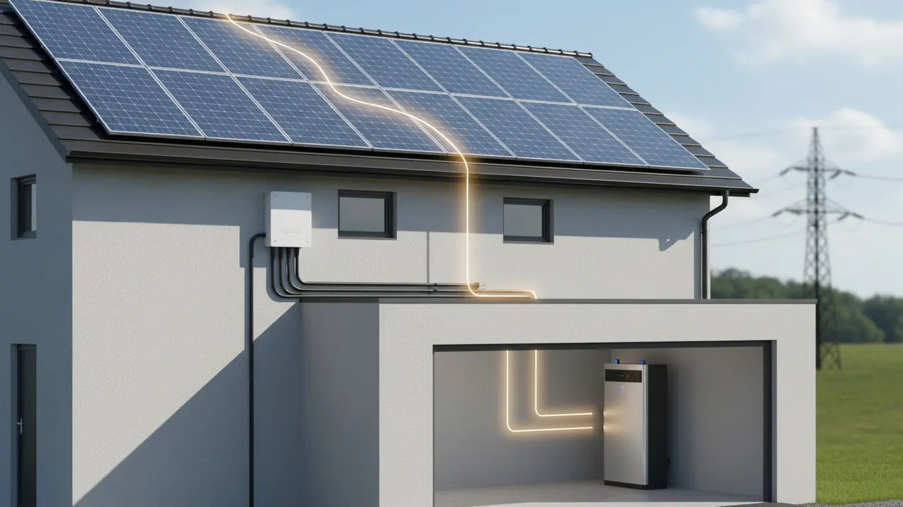 Oversigt: solpaneler på tag, inverter på væg og batteri i garage med lysende energistrøm