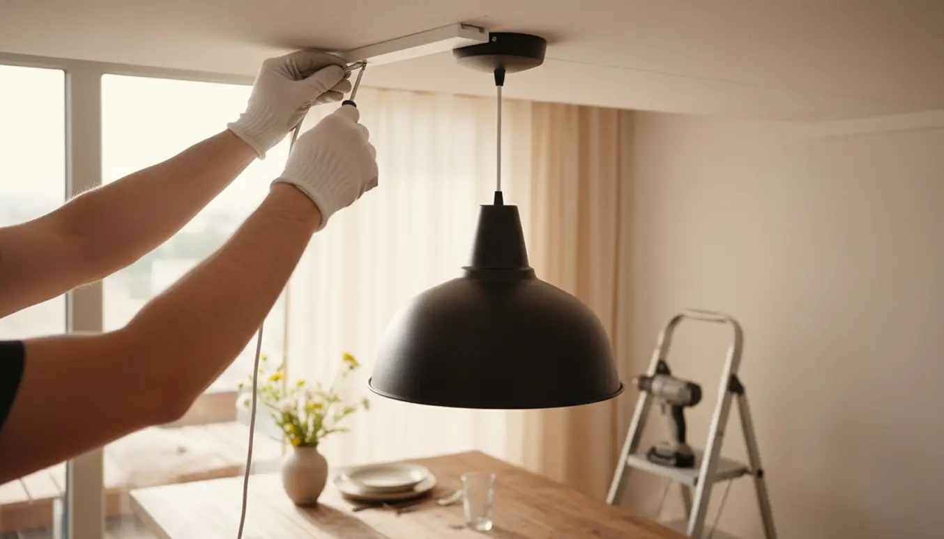 Hænder monterer en pendellampe over et spisebord og fører kabel ind i en hvid kabelkanal, så ledningen skjules.