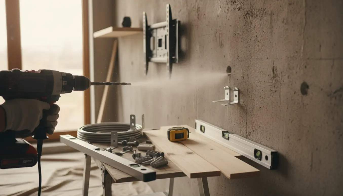 Hænder borer i en betonvæg for at montere gardinstænger, tv-beslag og hylder.