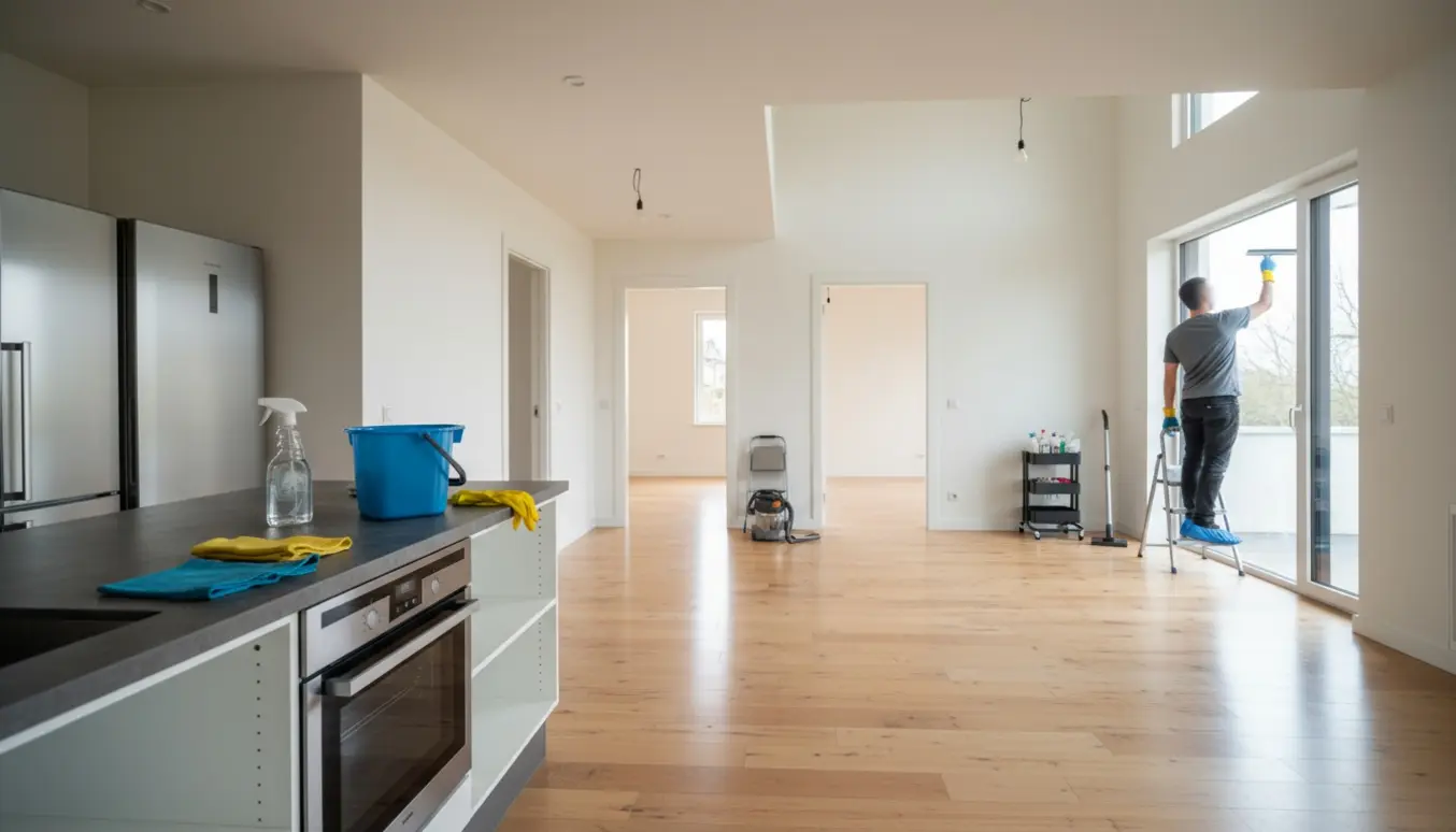 Tomt hus klar til indflytning efter maling og gulvlakering med rengøringsudstyr og en renser uden synligt ansigt ved vinduet.