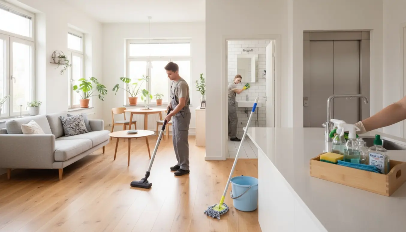 Lys skandinavisk lejlighed med rengøringsudstyr og en hjælper, der støvsuger og vasker gulvet.