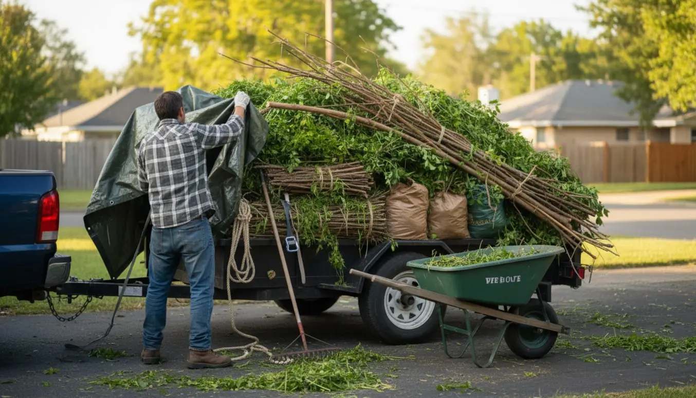 En stor åben trailer fyldt med haveaffald på en indkørsel, mens en person set bagfra sikrer lasten.