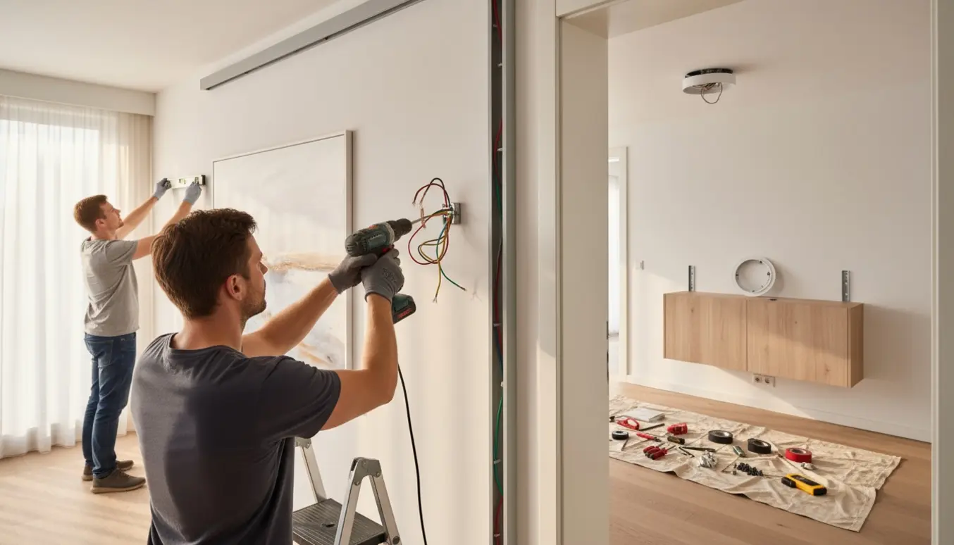 Hænder monterer en væglampe i en lys stue med synlige el-skinner langs loftet og værktøj på gulvet.
