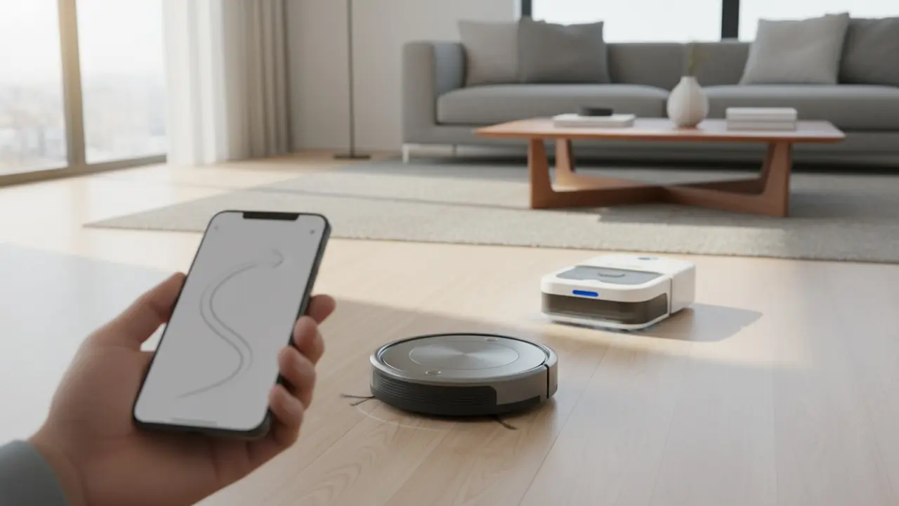 Robotstøvsuger og gulvvasker i moderne stue med hånd der holder smartphone til styring