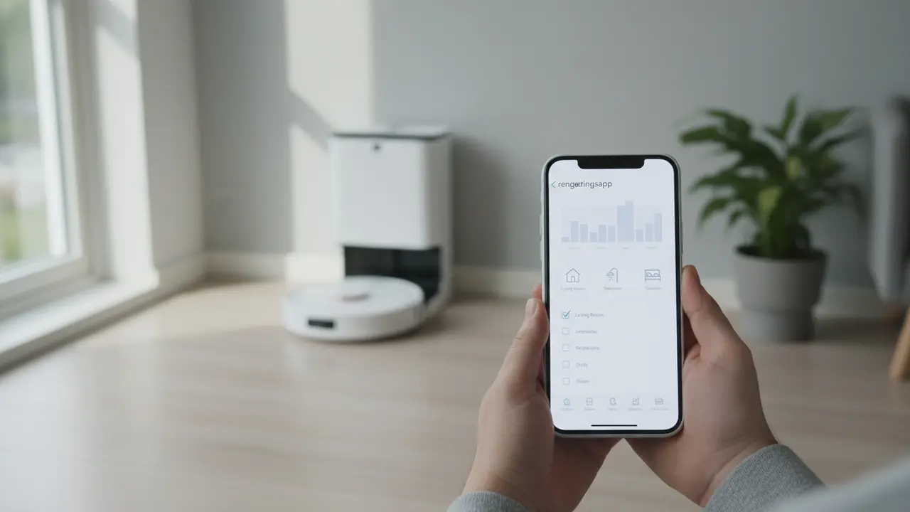 Smartphone med rengøringsapp der viser skema og tjeklister foran robot og dock