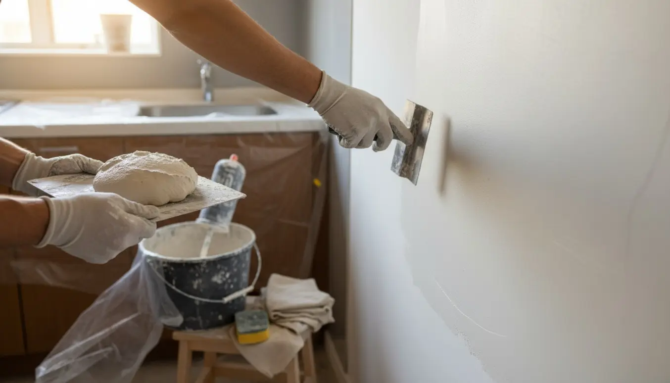 Hænder glatter et nyt tyndt lag kalkpuds på væggen i et lille køkken.