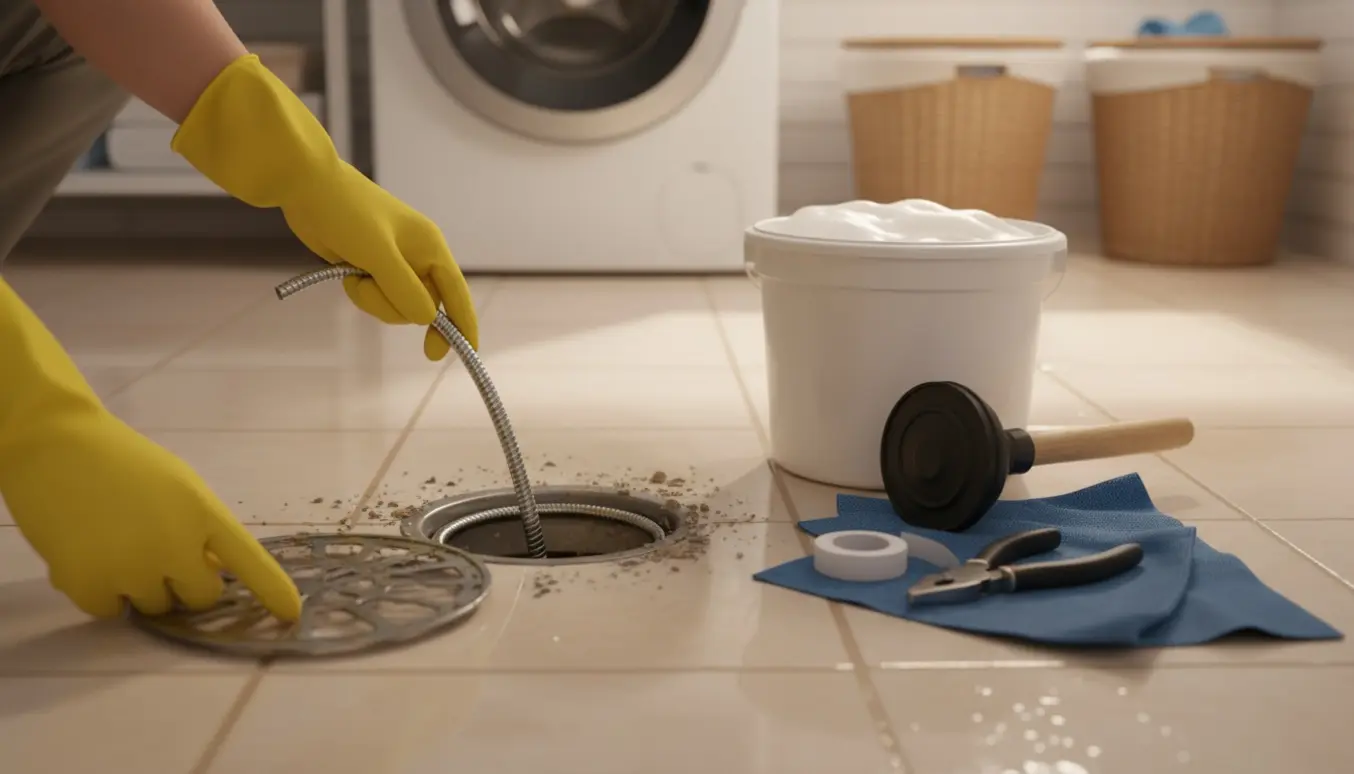 Nærbillede af tilstoppet gulvafløb ved vaskemaskine, hvor handsker og en afløbsslange bruges til at fjerne fnug og skidt.