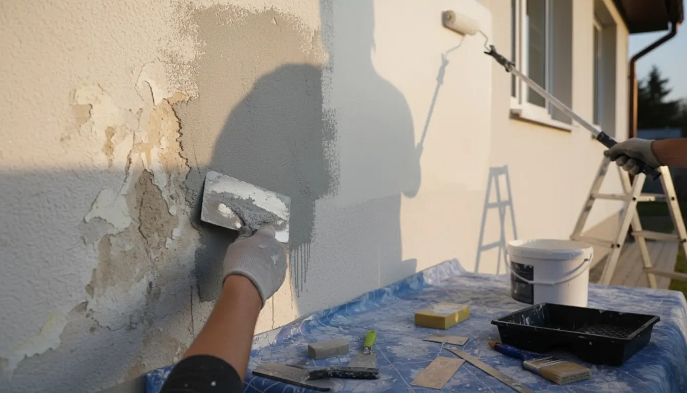 Nærbillede af reparation og maling af en husmur med puds, spartel og malerrulle i naturligt lys.
