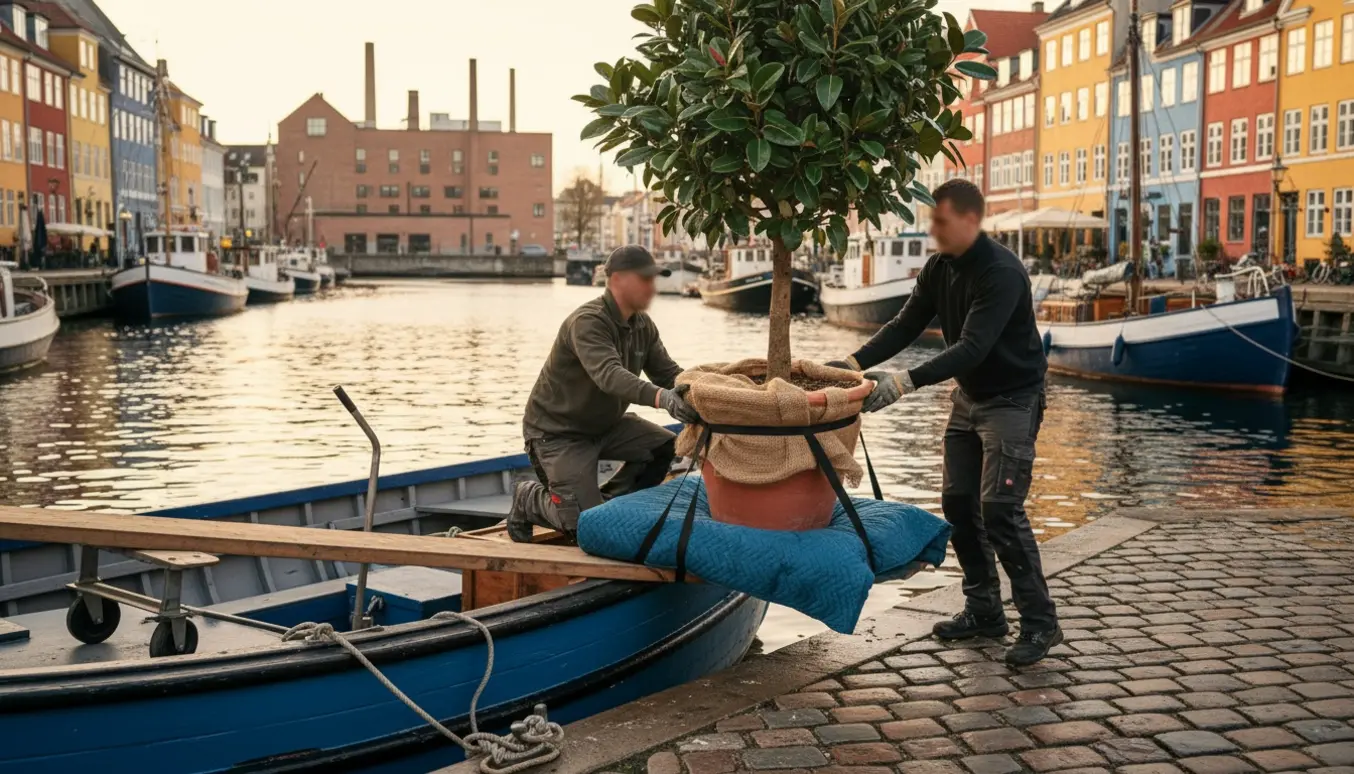 To flyttemænd sænker en 2 meter høj ficus fra en kanalbåd ved Nyhavn ved aftentlys.