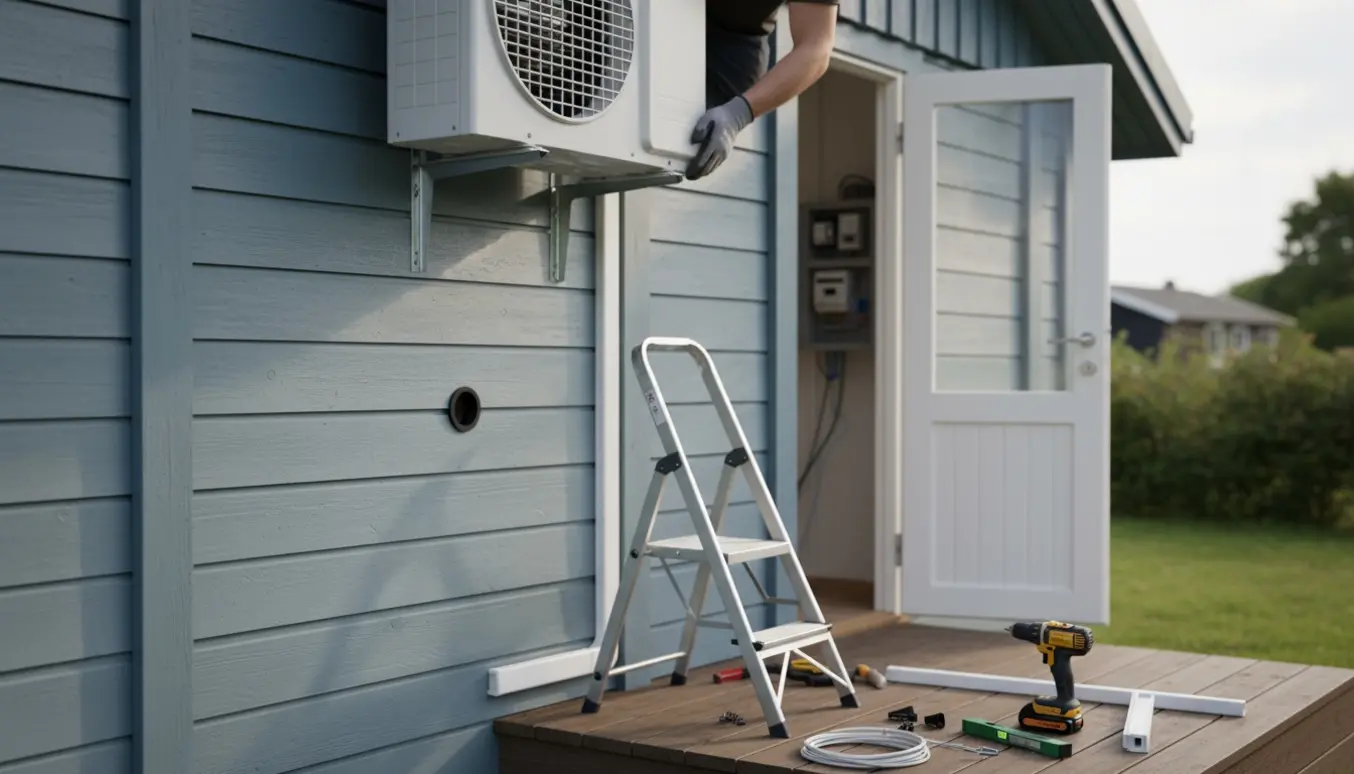 En tekniker monterer en luft-luft-varmepumpe på et lille træhus med værktøj og kabelrulle i forgrunden.