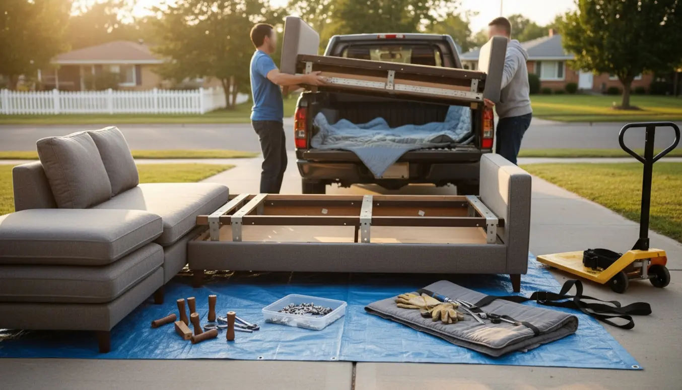 En adskilt sofa i indkørslen med puder, møbelben, værktøj og en åben pickup klar til at køre til lossepladsen.