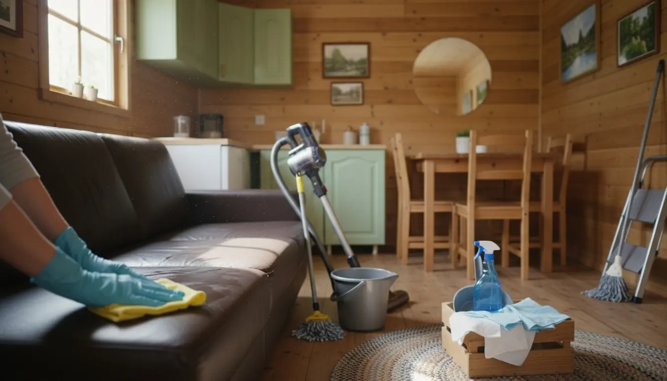 Hænder tørrer en semi-lædersofa i et solbeskinnet kolonihavehus under forårsrengøring.