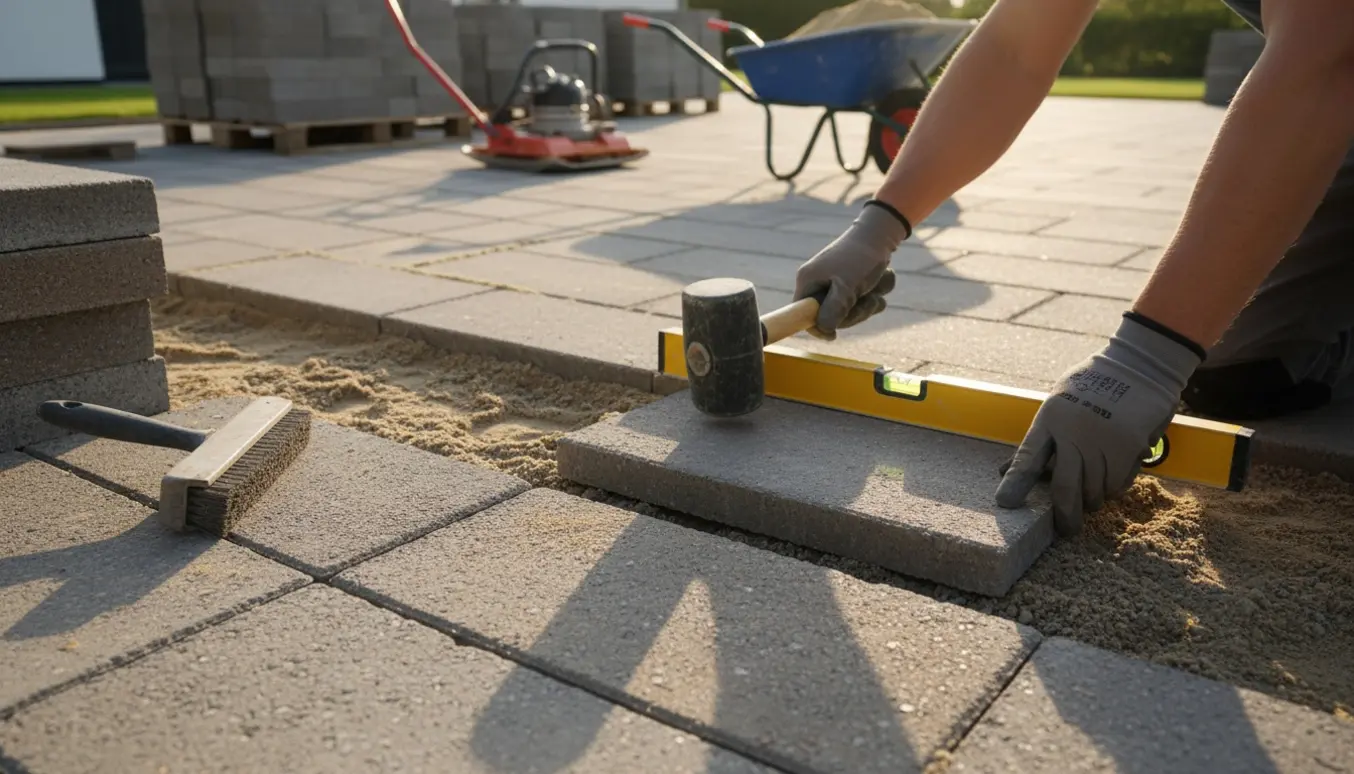 Nærbillede af hænder, der lægger 50x50 IBF-fliser på en forberedt sandbund ved en terrasse.