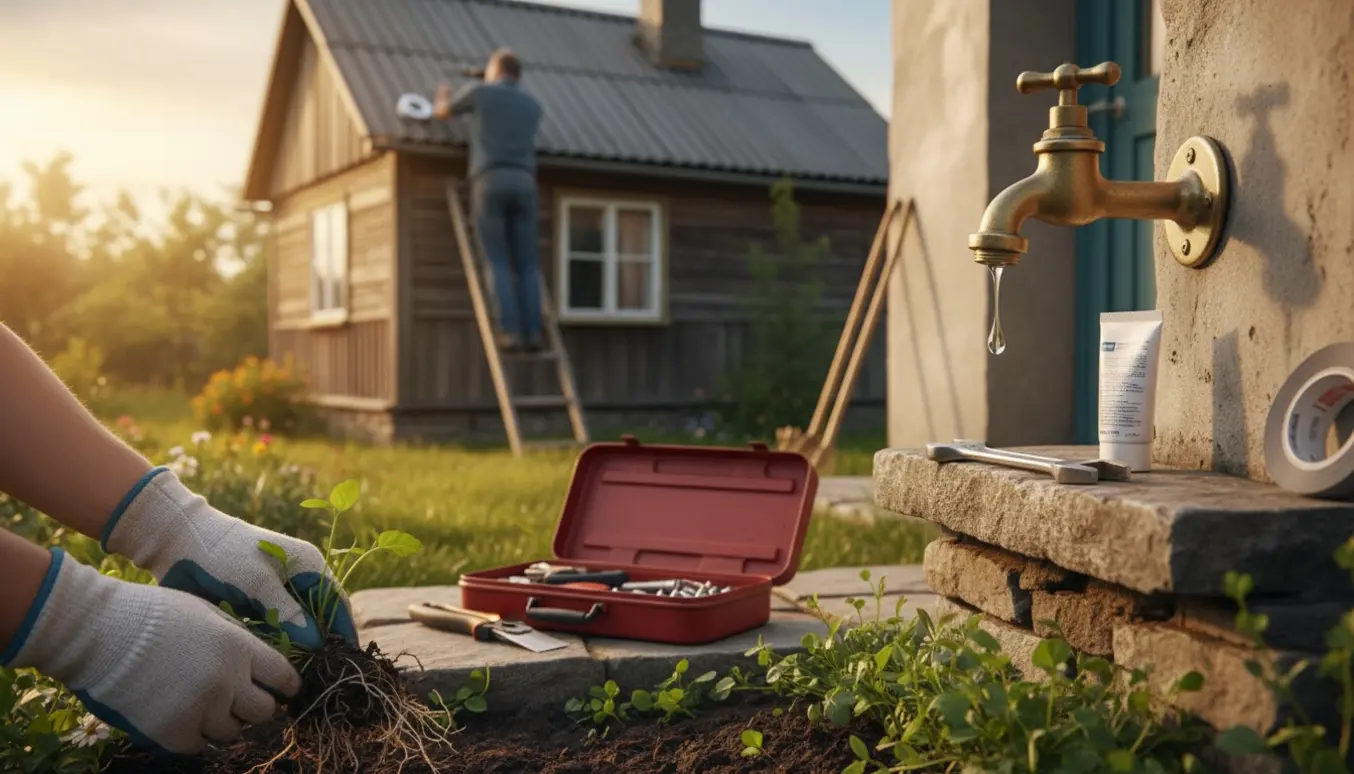 Hænder reparerer en tagplade, retter en utæt vandhane og fjerner ukrudt i haven.