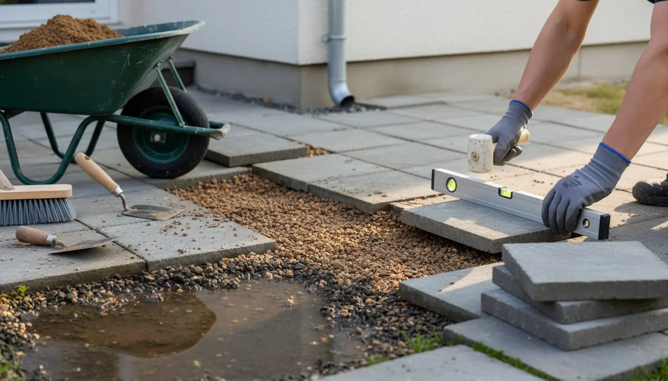 Sunkne fliser på en lille terrasse genlægges efter vandskade med værktøj og våd bund.