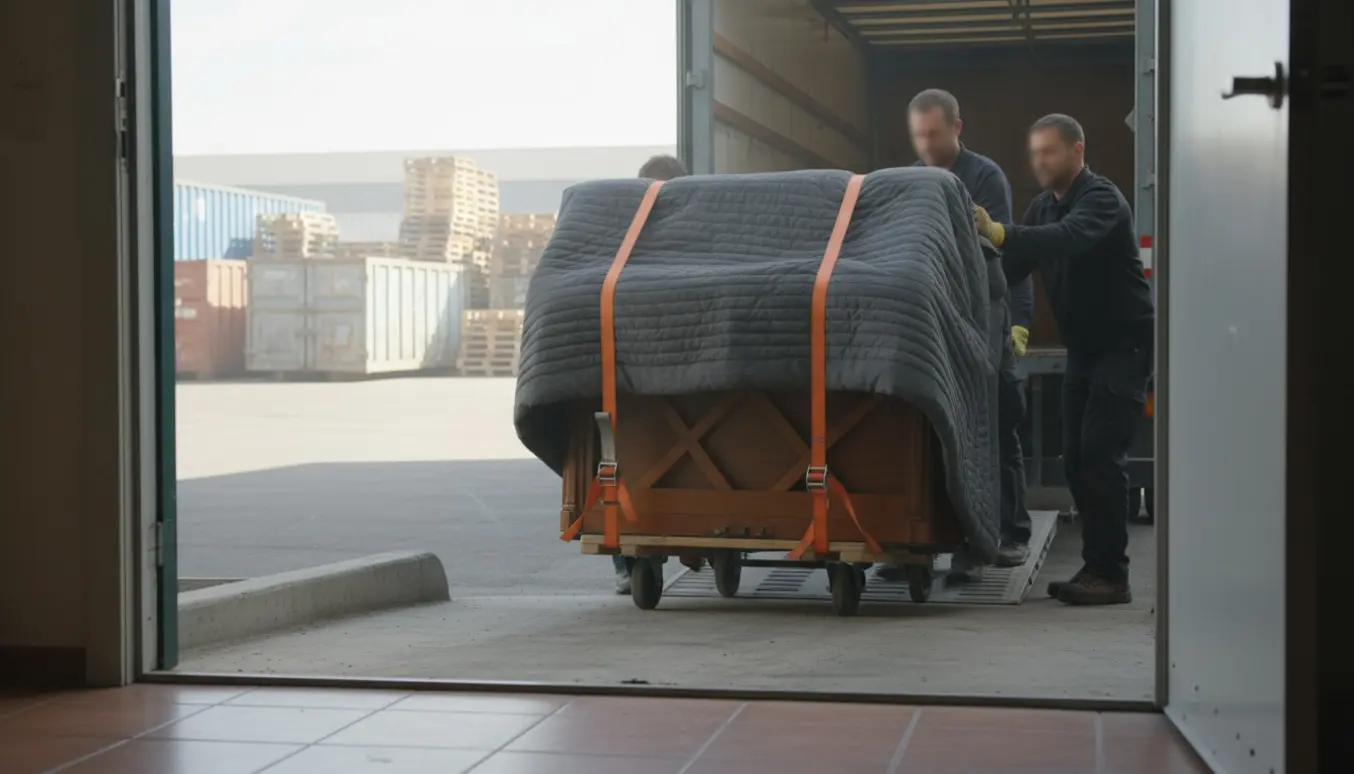 Et tungt up-right klaver pakket i flyttetæpper på en dolly, på vej ud af en stuelejlighed mod en genbrugsplads.