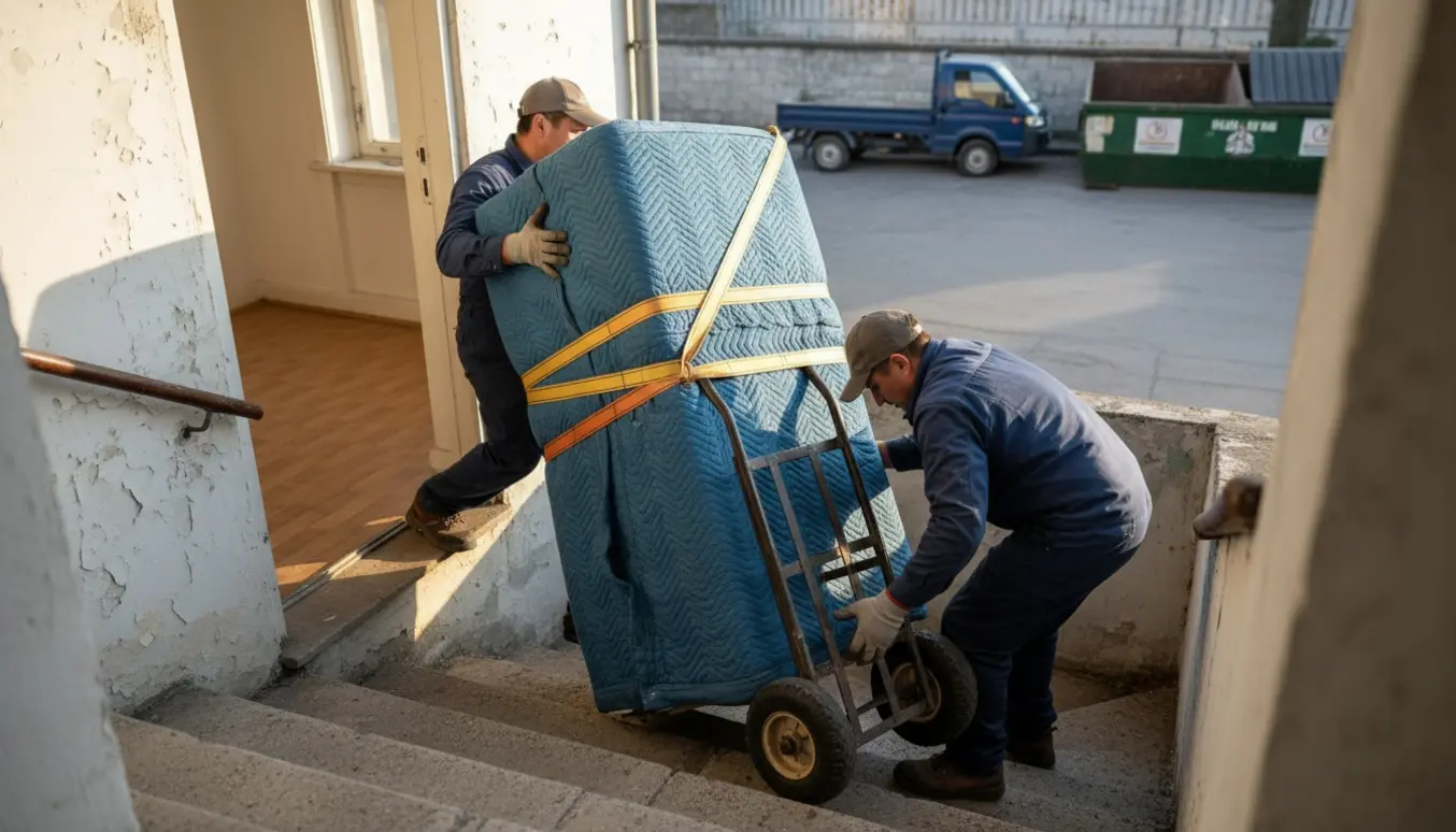 Køleskab bæres ned fra 1. sal på en udendørs trappe med dolly og løftestroppe, klar til at blive kørt til lossepladsen.