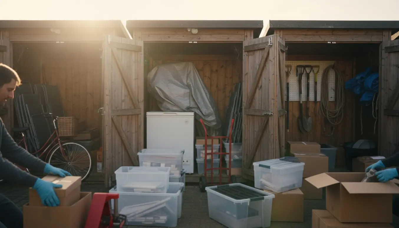 Åbne skure med kummefryser, havemøbler og flyttekasser under oprydning.