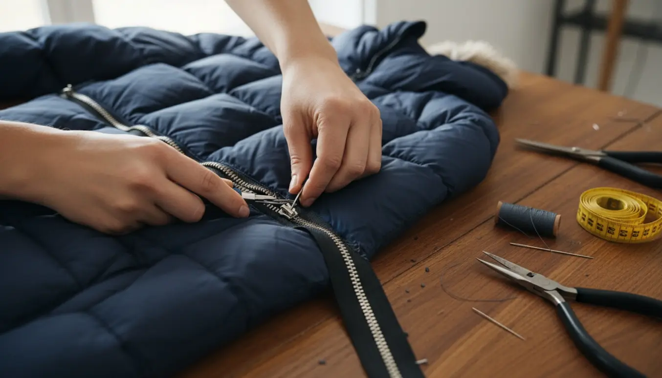 Nærbillede af hænder, der udskifter en ny lynlås på en foret vinterjakke på et træbord med synlige syværktøjer.