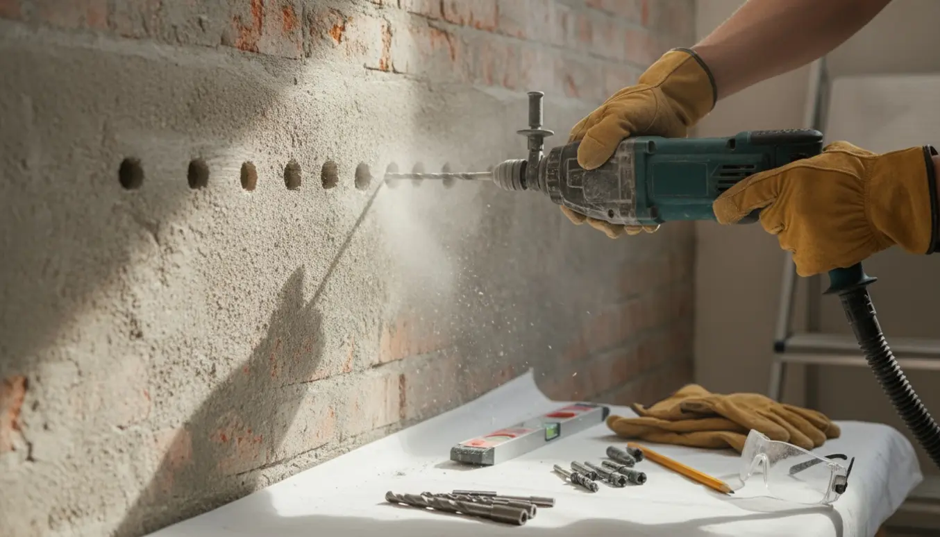 Nærbillede af hænder, der borer seks små huller i en beton/murstensvæg med en kraftig boremaskine og 4 mm bor.