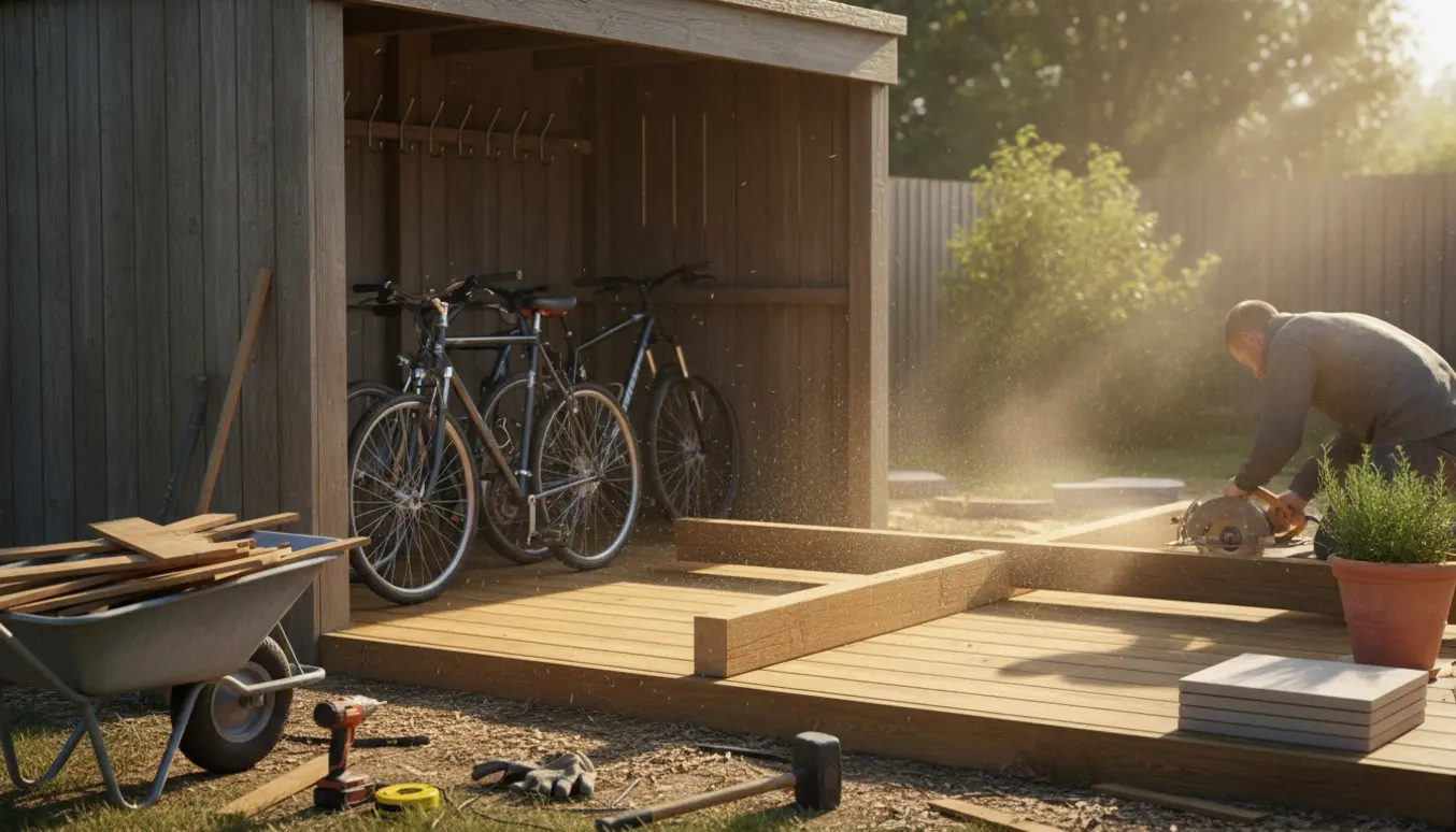 Halvt fjernet træ-cykelskur ved en solrig terrasse med værktøj og cykler til siden.