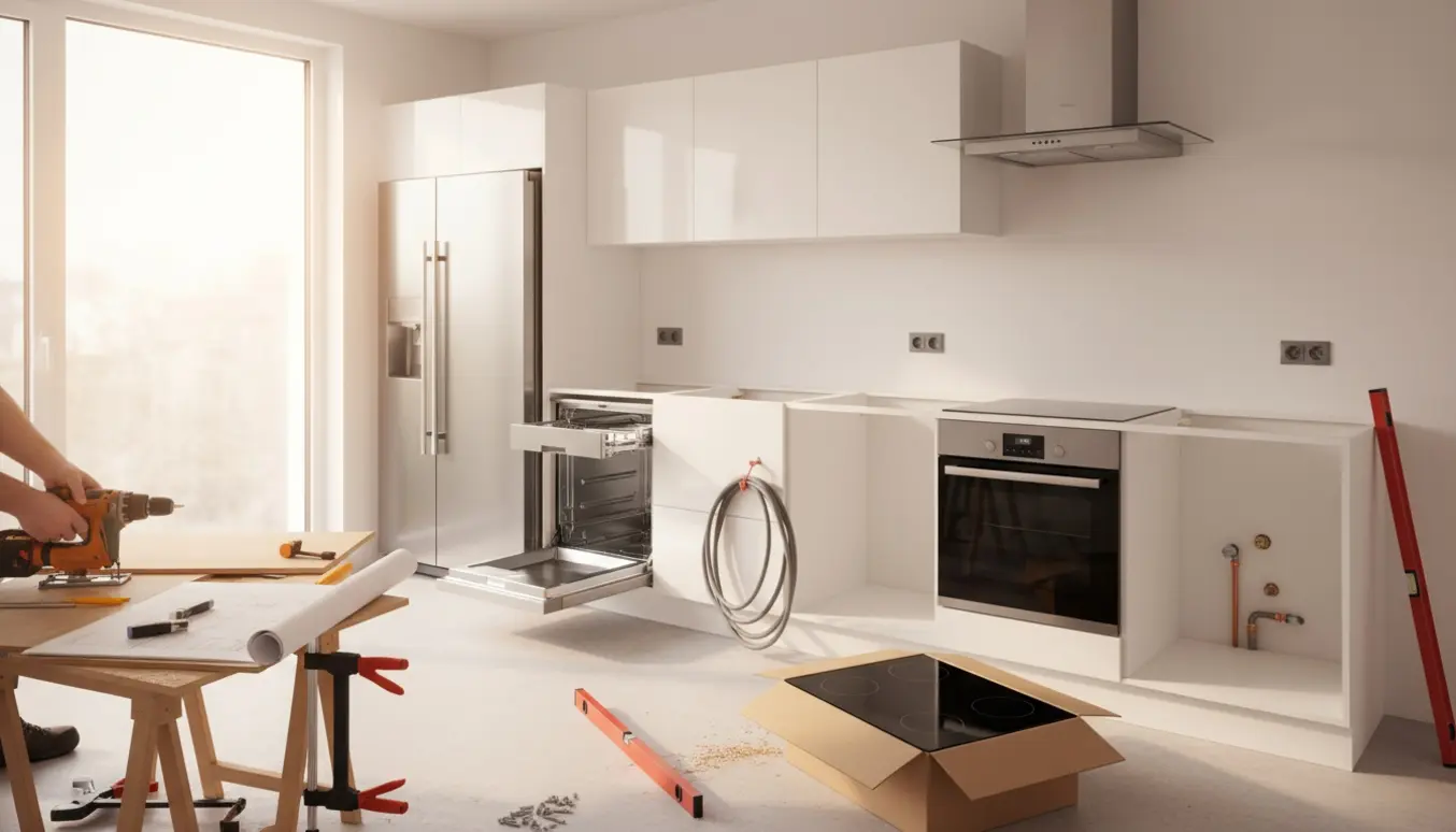 Installationsscene af et moderne køkken med færdigsamlede skabe, hårde hvidevarer og værktøj uden bordplade.