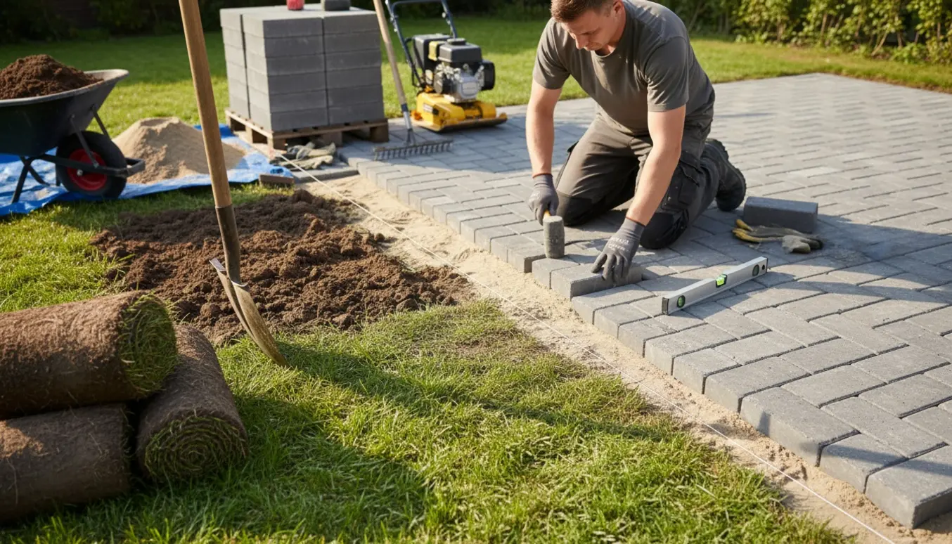 Baghave, hvor græs er fjernet og fliser lægges på sandbund med værktøj og stak fliser i baggrunden.