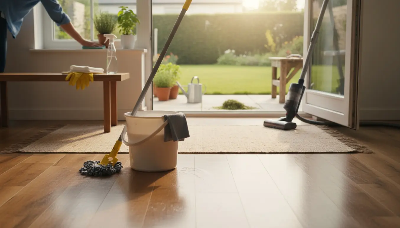 Solbeskinnet indgang med nypudset gulv, rengøringsudstyr og udsigt til en velplejet lille have.