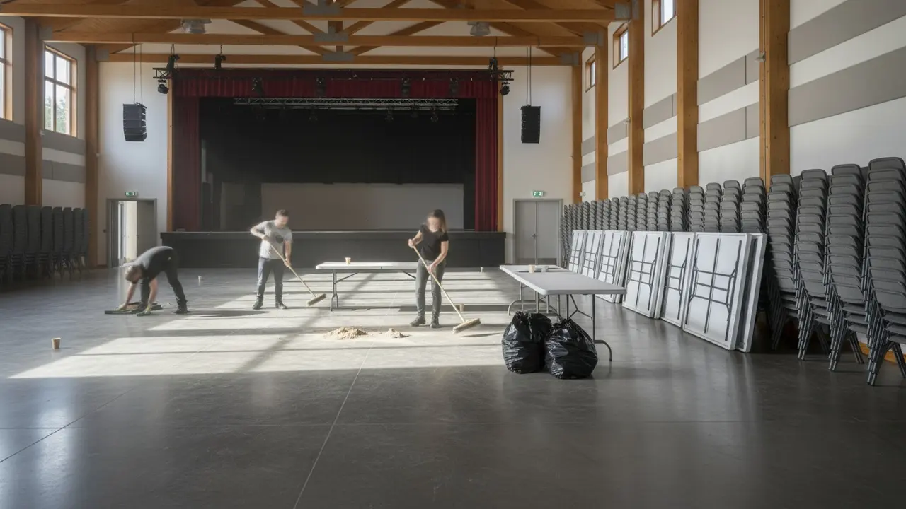 Selskabslokale efter festen med personer, der fejer og stabler stole, klar til aflevering.