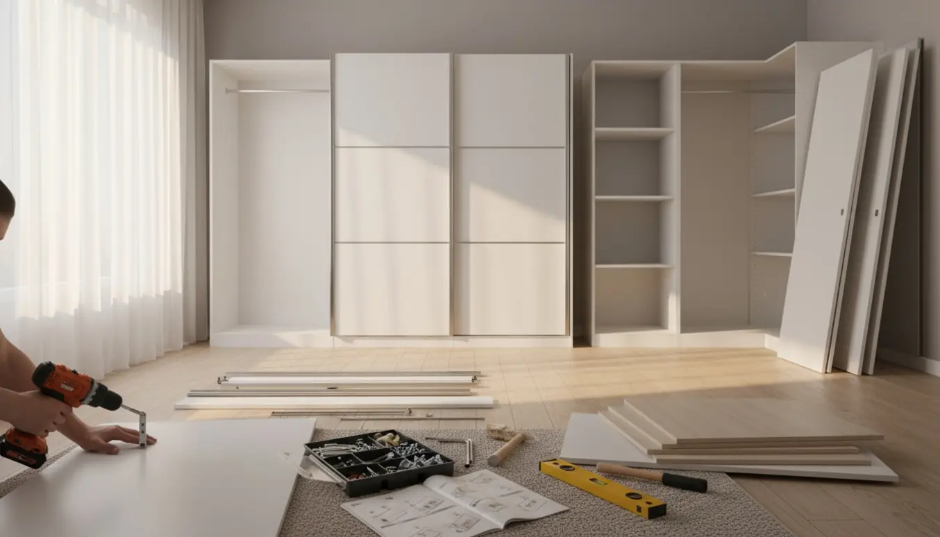 Delvist samlet Pax-garderobe med skydedøre og hjørneskab, værktøj og hænder i arbejde.