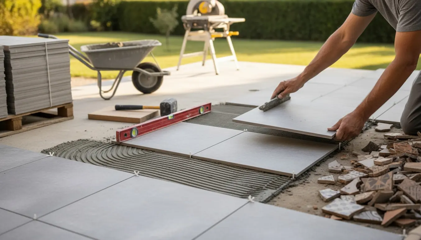 Nærbillede af fliselægning på en terrasse med hænder, vaterpas og gummihammer uden synlige ansigter.