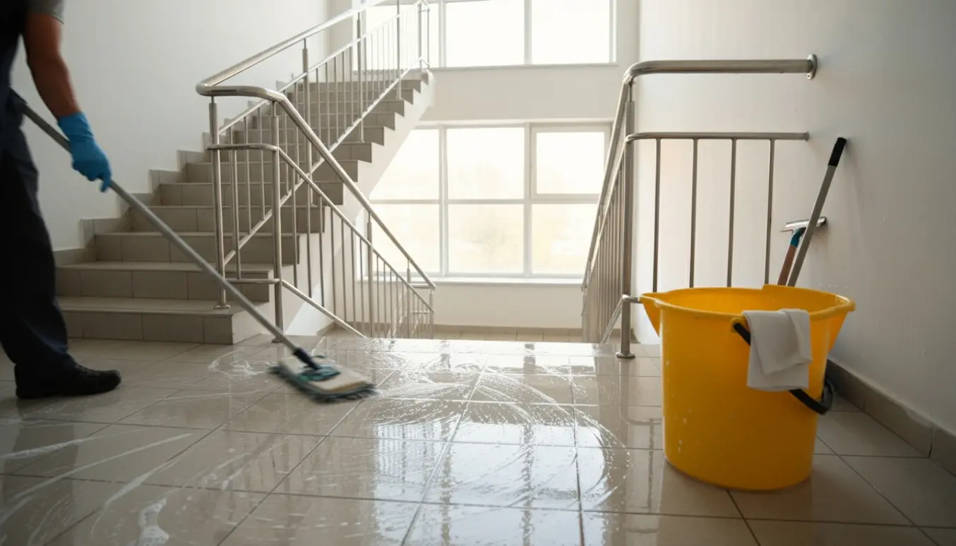 Handskerede hænder vasker gulvet på en lys trappeopgang i en femetagers bolig med mop og spand.
