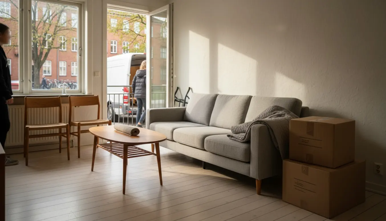 Lys skandinavisk stue med en grå 3-personers sovesofa, flyttekasser og et lille sofabord klar til flytning.