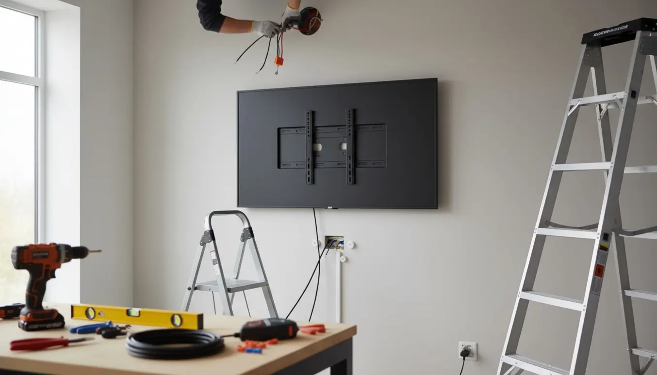 Håndværker sætter et TV op og flytter ledninger til en loftlampe i et hjem.