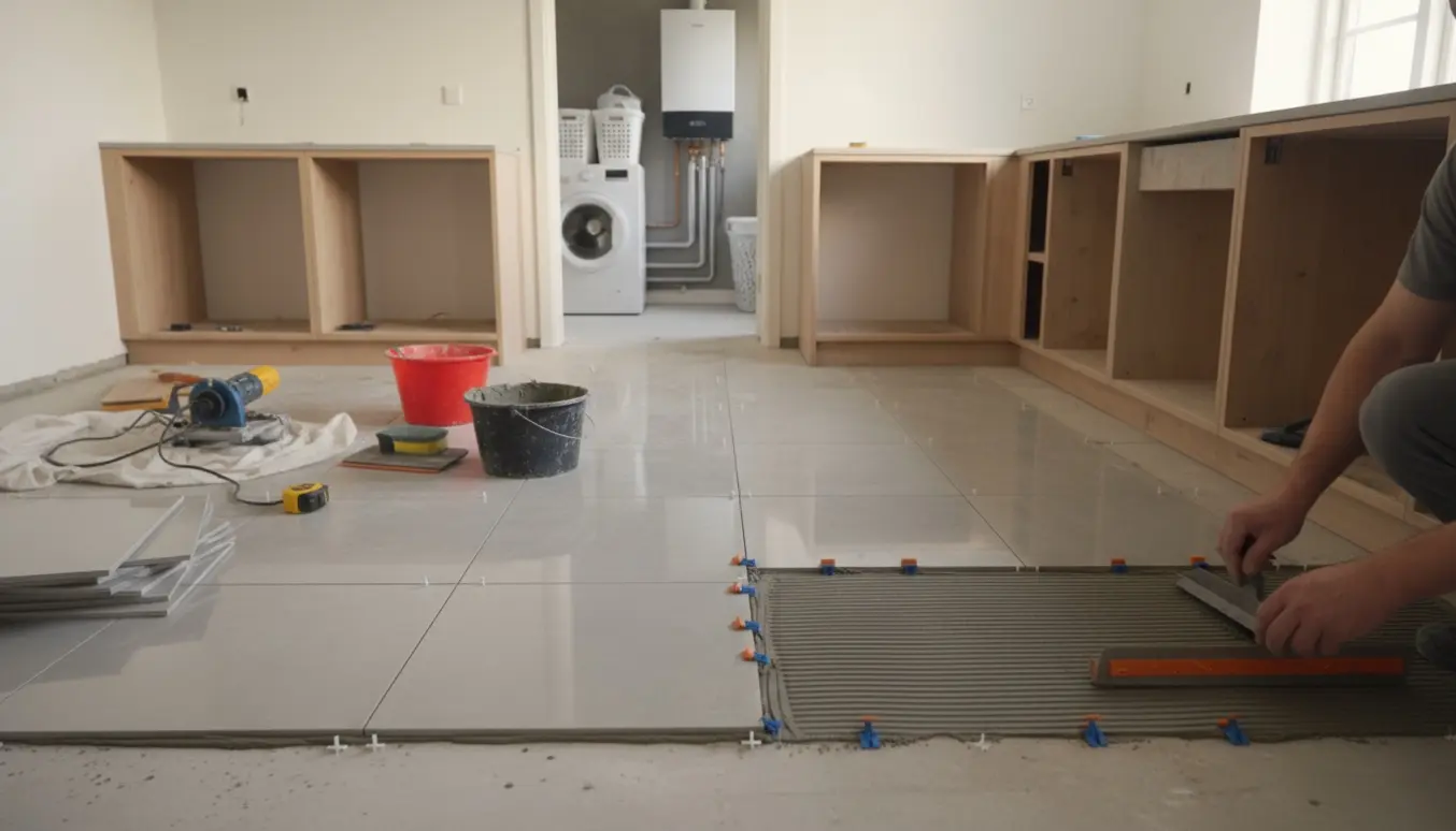 Detaljeret billede af fliselægning i køkken og bryggers med værktøj og hænder uden tydelige ansigter.