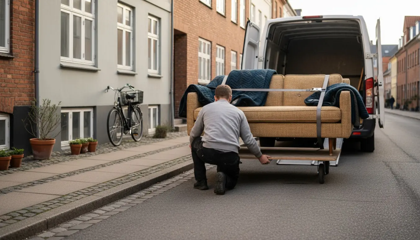 En sofa bliver læsset ind i en varebil på en rolig gade i Aarhus-agtige omgivelser.