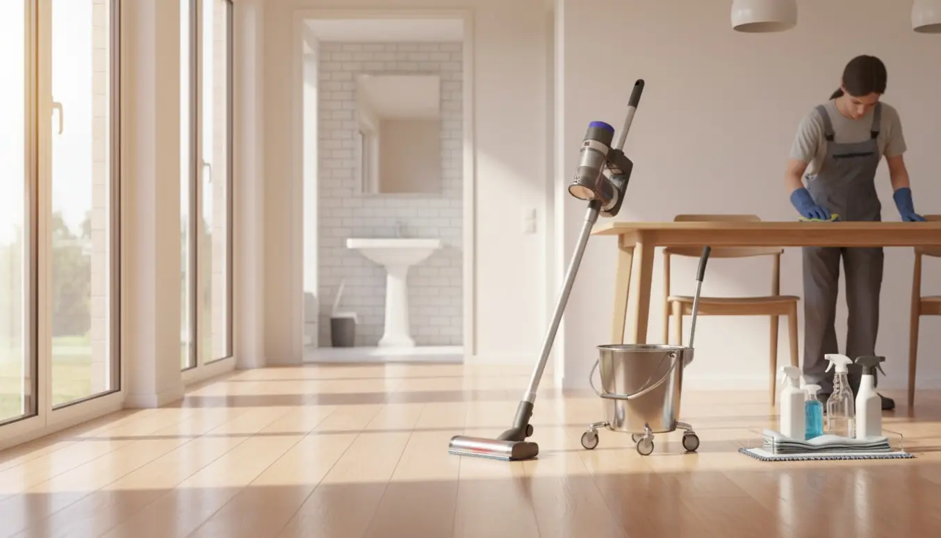 Rengøringsudstyr og en person uden synligt ansigt rengør et lyst og ryddeligt hjem.