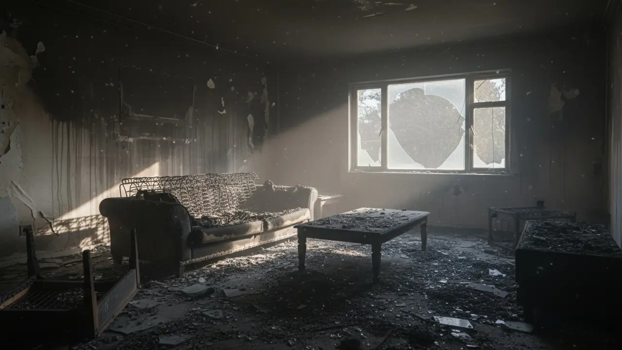 Stue med brandskader: forkullet møbel, sod på vægge og støv i luften.