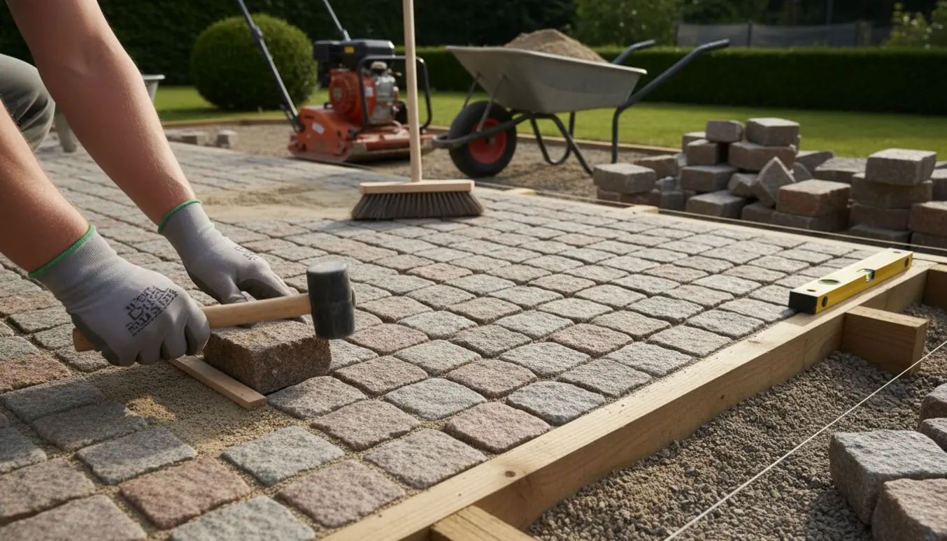 Nærbillede af hænder, der lægger chaussesten på en sandbund til en terrasse.