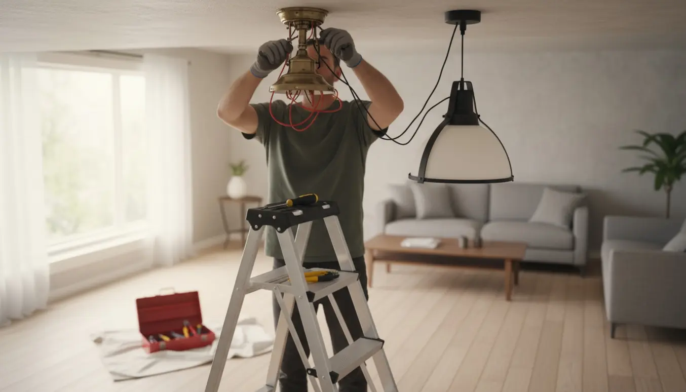 En håndværker på en stige tager en gammel loftslampe ned og monterer en ny lampe, kun hænder synlige.