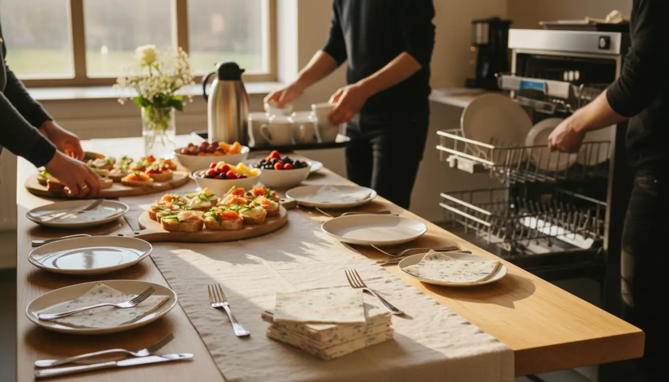 Hænder arrangerer kaffe, tallerkener og serveringer i et lyst køkken til en dåbsreception.