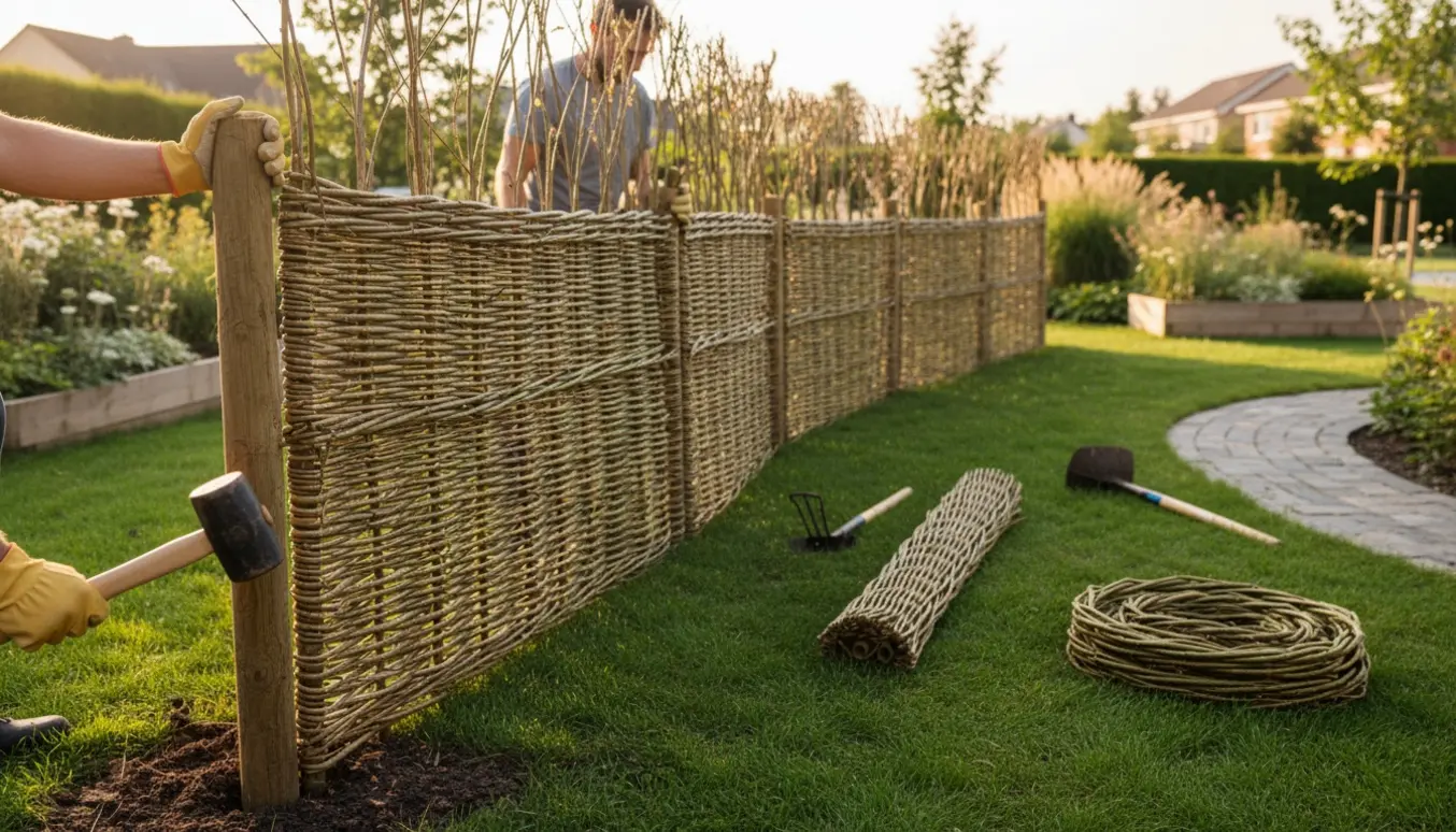 Vævet pileflet-læhegn opsættes i en have med fokus på flettets tekstur og værktøj.