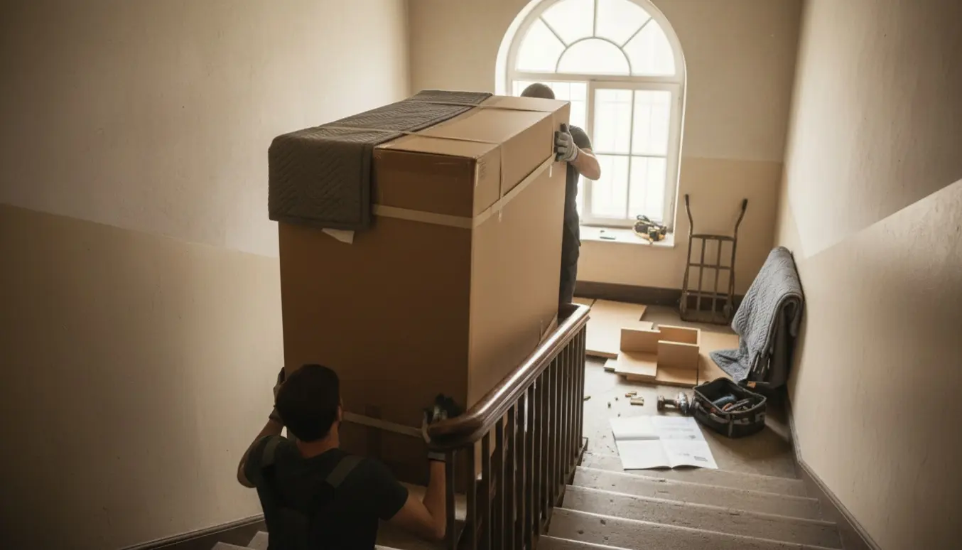 To personer bærer en stor fladpakket garderobekasse op ad en smal trappe med flyttetæpper og værktøj ved landingen.