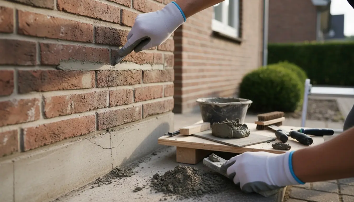 Tæt foto af murerhænders omfugning af mursten og reparation af revne i husets sokkel.