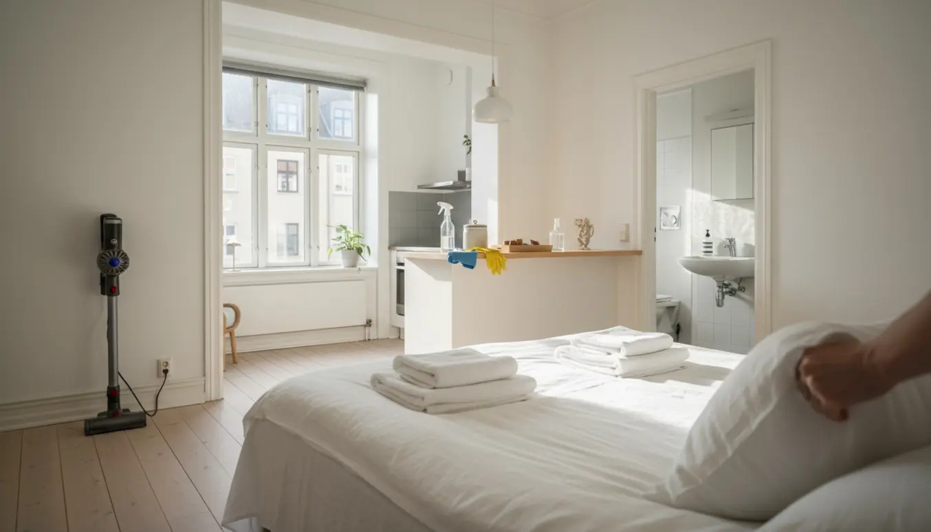 Lys Nørrebro-lejlighed klar til Airbnb med nyrengjorte overflader, foldet sengetøj og fyldte sæbedispensere.