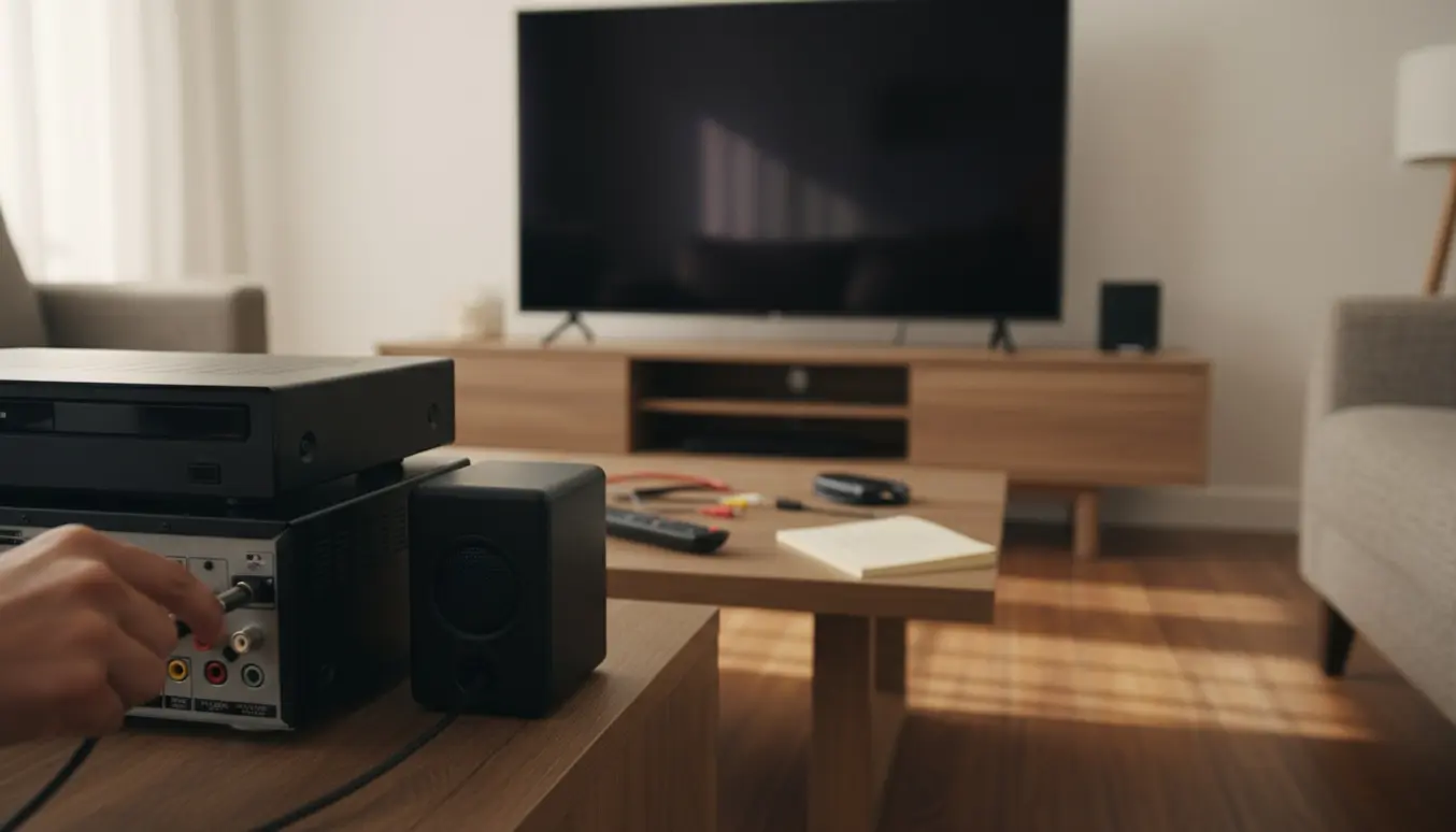 Nærbillede af hænder der forsøger at tilslutte et AUX-kabel til et DVD-baseret hjemmebiografsystem foran et stort fladskærms-tv i en stue.