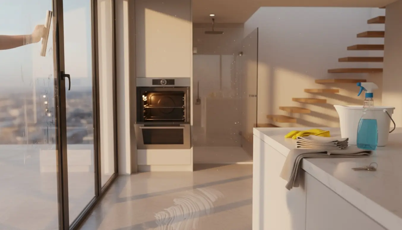 Fraflytningsrengøring i en lys lejlighed med rengøringsperson, pudset vindue, åben ovn og nøgler på køkkenbordet.