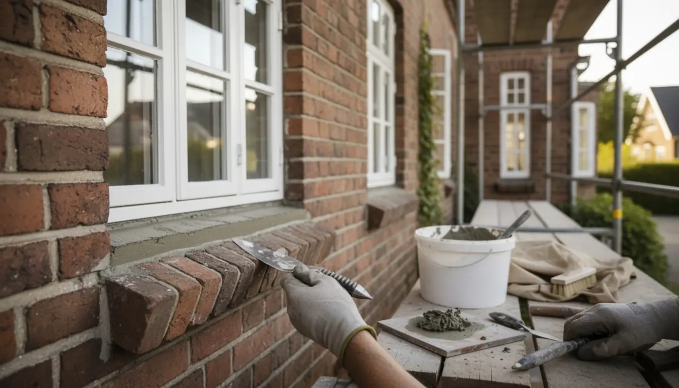 Nærbillede af fugearbejde på en murermestervilla med murerens hænder og frisk mørtel.